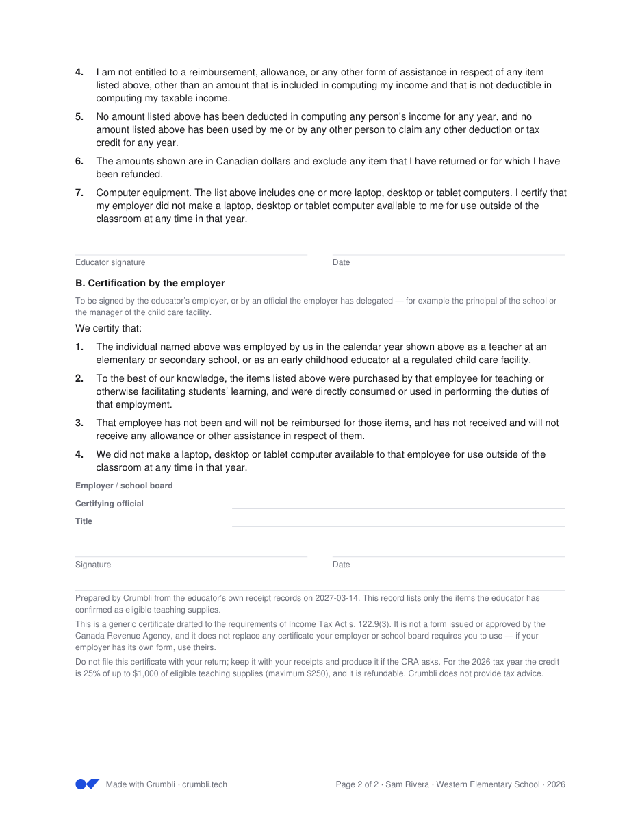 Page two of the generated certificate: the numbered declarations by the educator and by the employer, followed by blank employer, certifying official, title, signature and date lines.